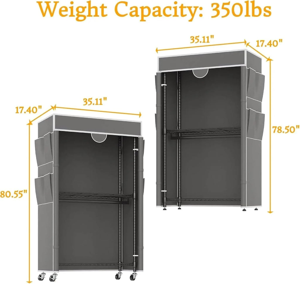 Portable Closet Rolling Garment Rack with Cover, Heavy Duty Clothing Rack for Hanging Clothes, Portable Closet Wardrobe with Adjustable Shelves(Gray)