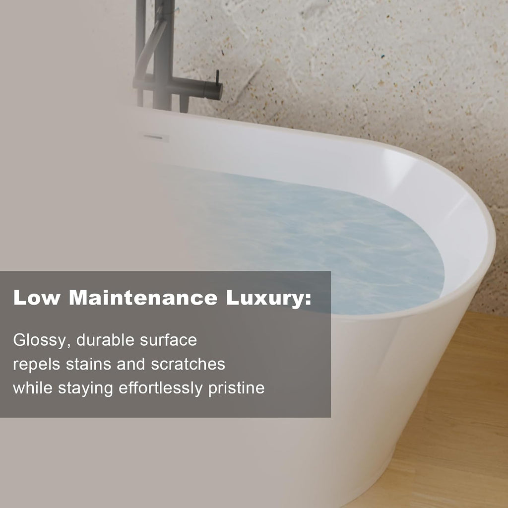 KEIKI 59' Freestanding Acrylic Soaking Bathtub for Modern Bathrooms, Gracefully Minimalist Oval Deep Soak Tub, cUPC Certified,Toe-tap Chrome Drain,Glossy White
