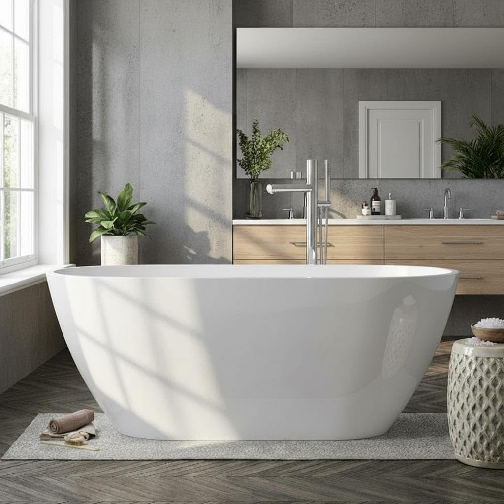 59' Acrylic Freestanding Soaking Bathtub, Free Standing Tub, Stylish Stand Alone Contemporary Soaking Tub with Integrated Overflow and Drain In Chrome, cUPC Certified