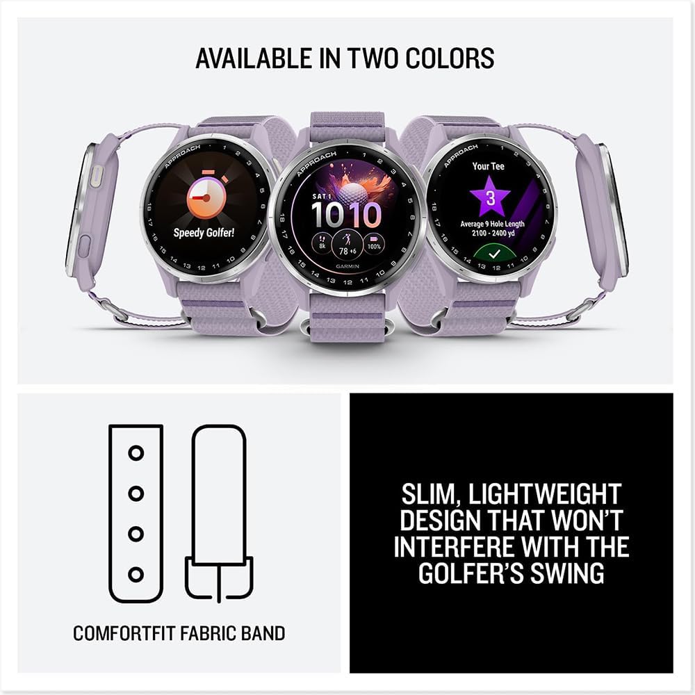 Garmin Approach J1 Silver Aluminum Bezel with Lilac ComfortFit Fabric Band 010-03898-10 Bundle with 26‑Month Protection Plan, 3X Deco Essentials Silicone Dust Cover and 2X Screen Protector