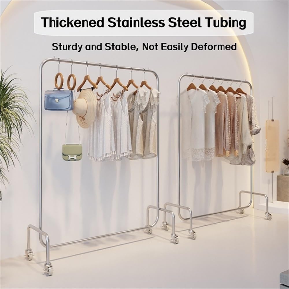 Metal Garment Rack with Wheels, Rolling Heavy Duty Clothes Rack, Floor-Standing Silver Retail Display, Commercial Retail Clothing Rack for Clothing Store and Boutique(170cm/66.9in)