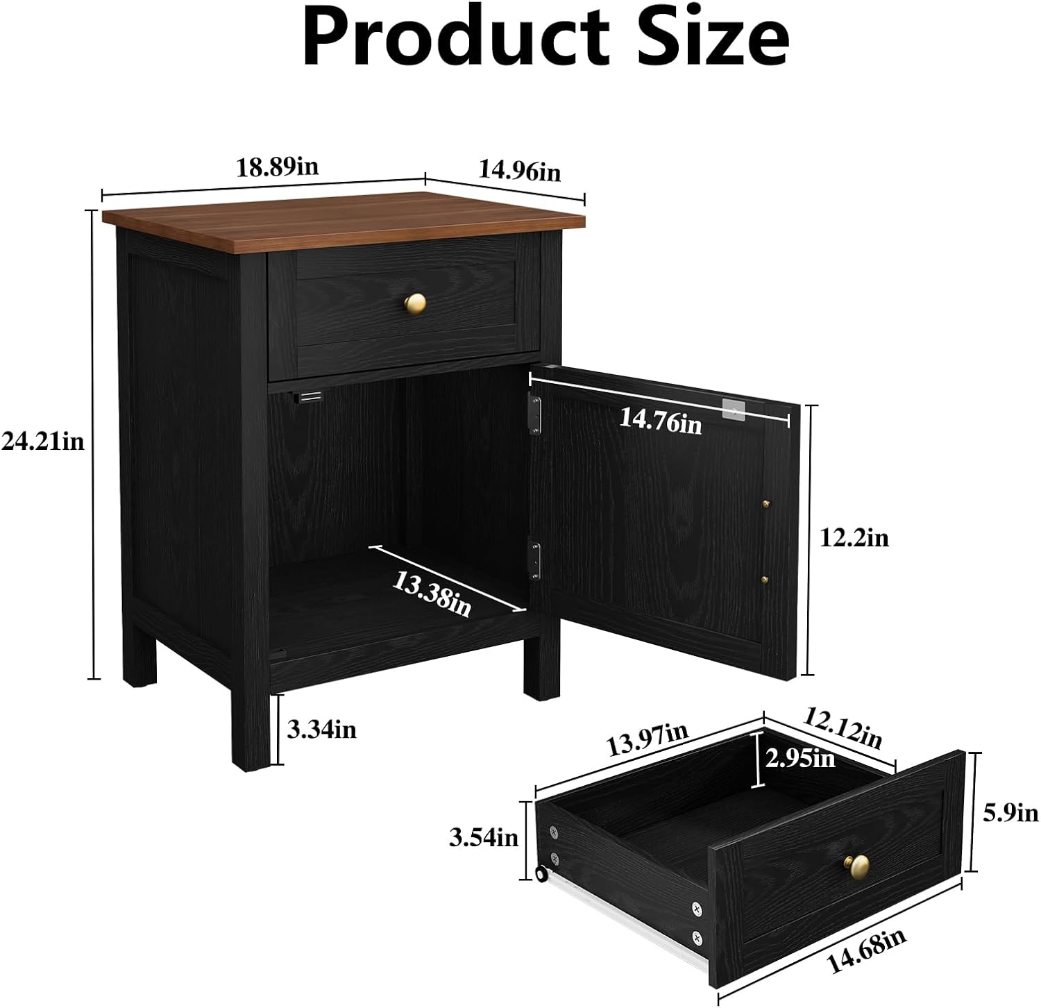 ARTPOWER Nightstand Set of 2, Wood Bedside Table with Drawers, Farmhouse Modern End Table with Cabinet Storage, Night Stands for Bedroom, Black