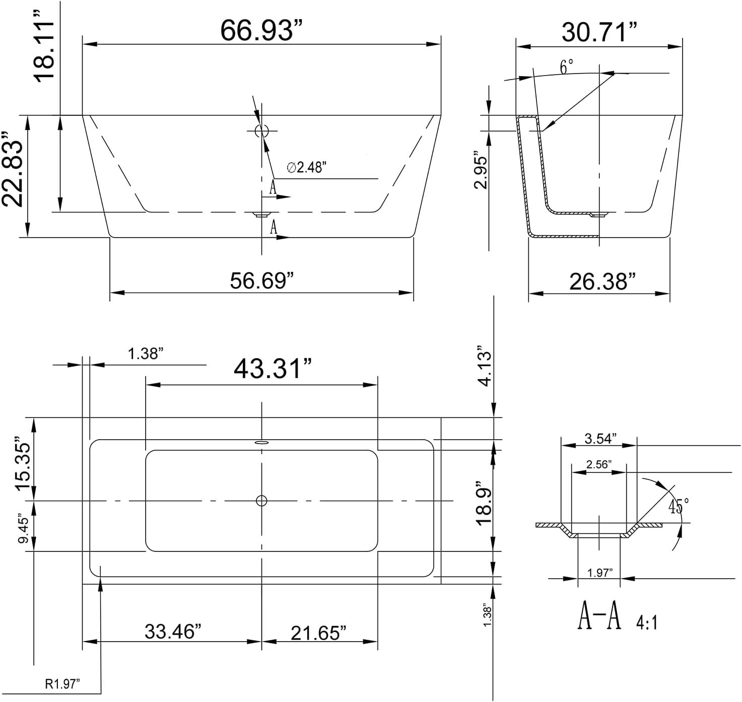 Empava 67' Bathtub Luxury Acrylic Soaking SPA Tub Modern Bathtub 67FT1516