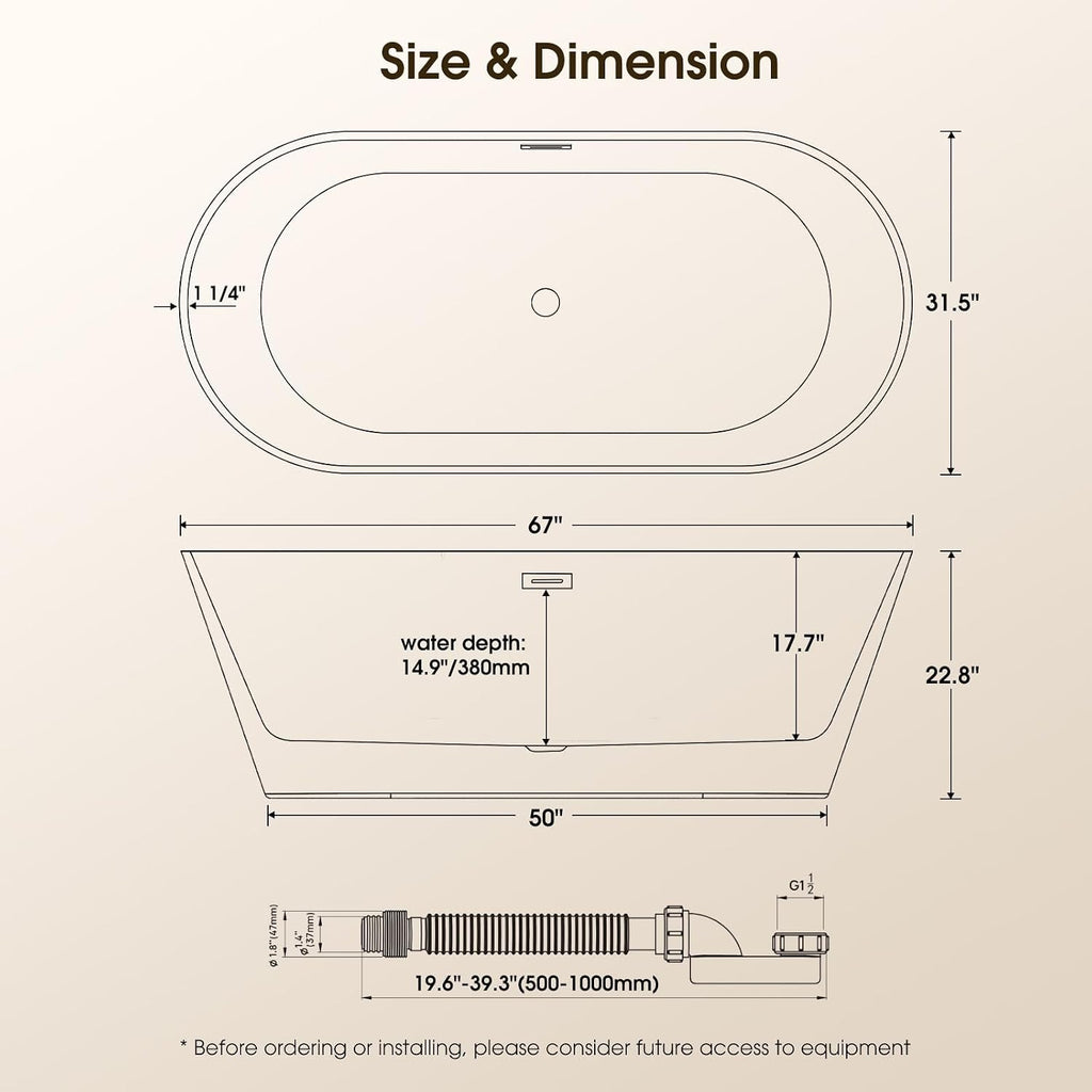 67' Acrylic Freestanding Bathtub,17.7' Deep Soaking Tub with Integrated Overflow & Drain, Non-Slip Base,CUPC Certified Free Standing Tub,Chrome Drain Bath Tub, Modern Tub for Bathrooms,Straight White