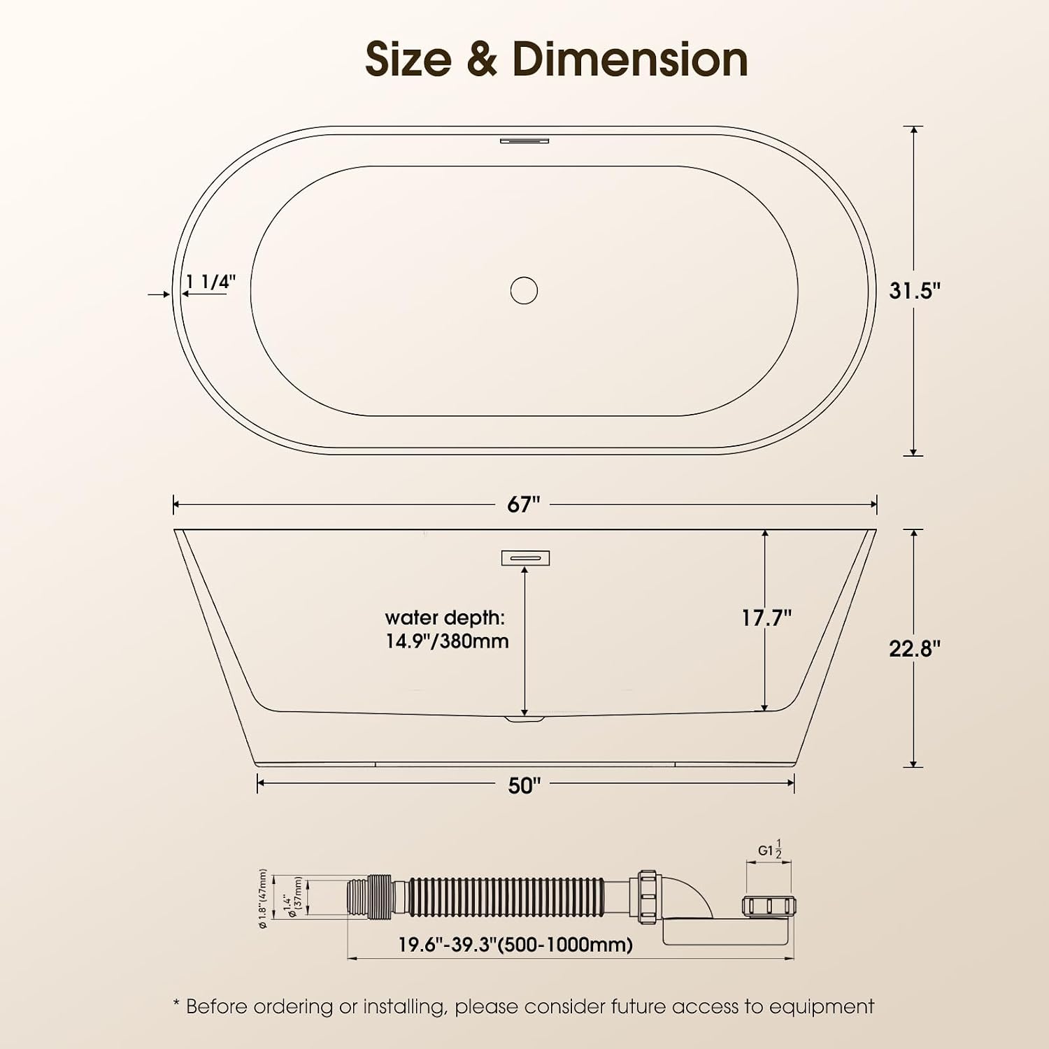 67' Acrylic Freestanding Bathtub,17.7' Deep Soaking Tub with Integrated Overflow & Drain, Non-Slip Base,CUPC Certified Free Standing Tub,Chrome Drain Bath Tub, Modern Tub for Bathrooms,Straight White