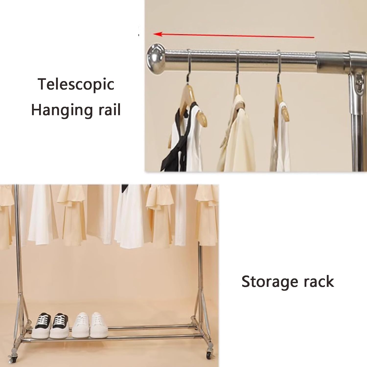 Garment Rack Silver Stainless Steel Clothes Rail On Wheels,Heavy Duty Clothing Racks with Extendable Hanging Rail,Portable Drying Rack,Bedroom Clothes Organizer,Easy Assemble, 115-200cm
