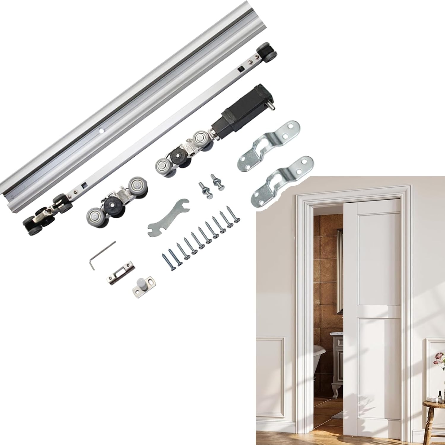 Invisible Pocket Door Hardware with Two-Way Soft Close Mechanism, Top Mount Sliding Door Track with Nylon Ball Bearing Six-Wheel, Floor Guide(340cm(133.9in))