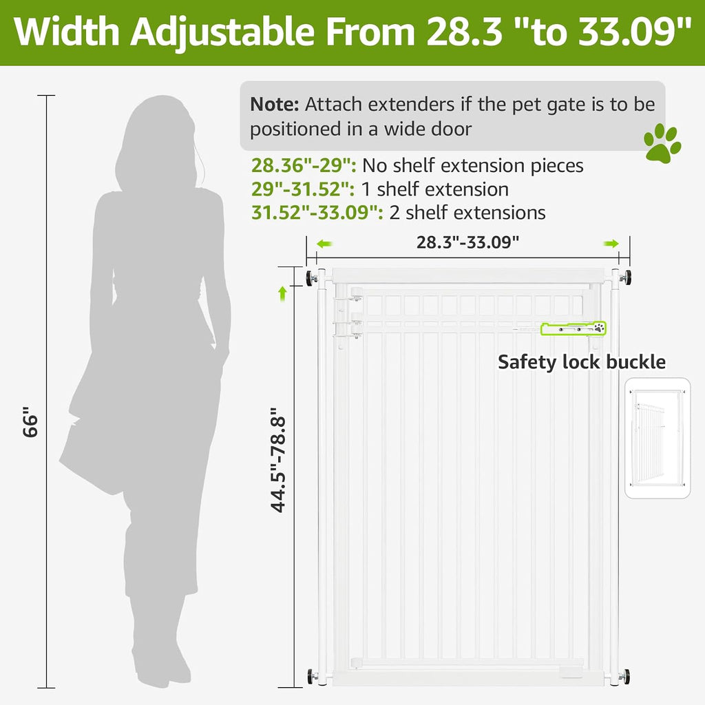 78.8' Extra Tall Cat Gate, 28.3-33' Wide Safety Metal Cat Door, Pressure Mounted Easy Walk Through Pet Gate with Door for Stairs, Doorways (White)