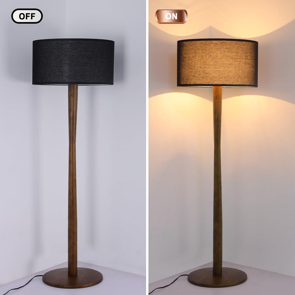 62' Tall Rustic Wood Floor Lamp for Living Room, Farmhouse Walnut Wood Floor Lamps with Linen Shade, UL Listed Standing Lamps with Wooden Base for Bedroom, Dining Room, House, Black Shade