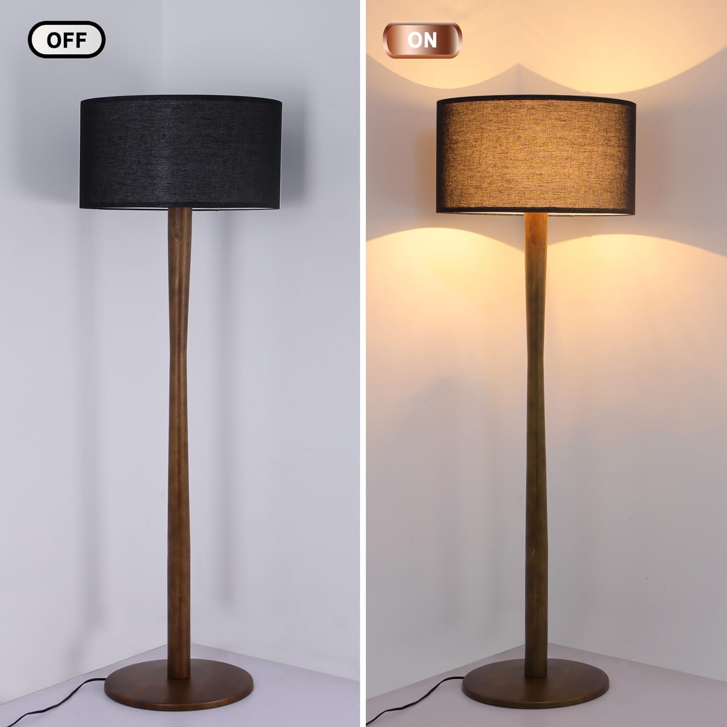 62' Tall Rustic Wood Floor Lamp for Living Room, Farmhouse Walnut Wood Floor Lamps with Linen Shade, UL Listed Standing Lamps with Wooden Base for Bedroom, Dining Room, House, Black Shade