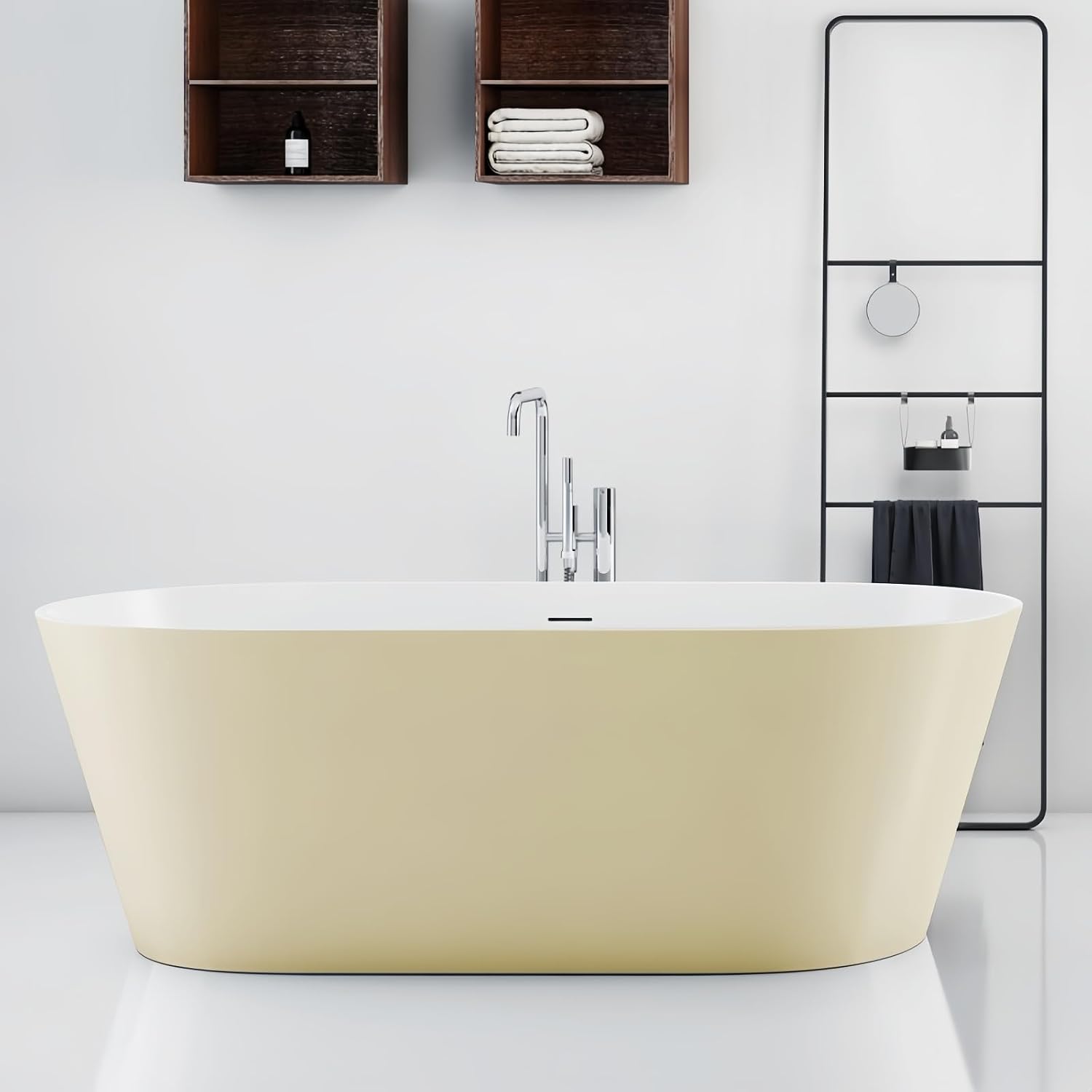 67' Edeyeu Freestanding Bathtub – Color Solid Surface Bathtub With Modern Finish, Extra Deep Soaking Tub, Luxury Stand Alone Free Standing Tub For Contemporary Bathroom Design Beige