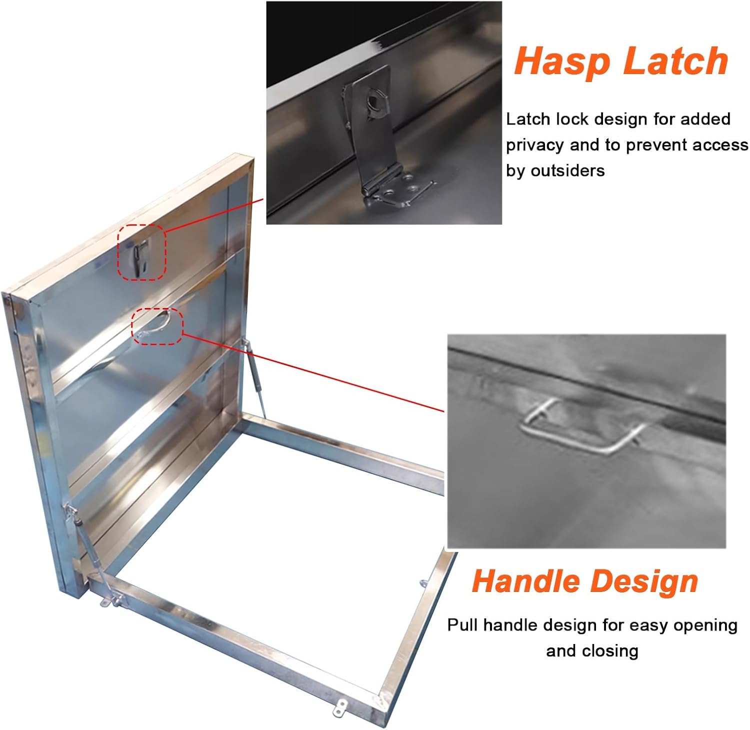 WDJBPSH 304 Stainless Steel Rooftop Access Hatch, 50 60 70 80 90 cm Leakproof Roof Exit Lid with Lift Supports & Door Latch, Silver Weatherproof Skylight Cover(LxW-60x80cm/23.6x31.5in)