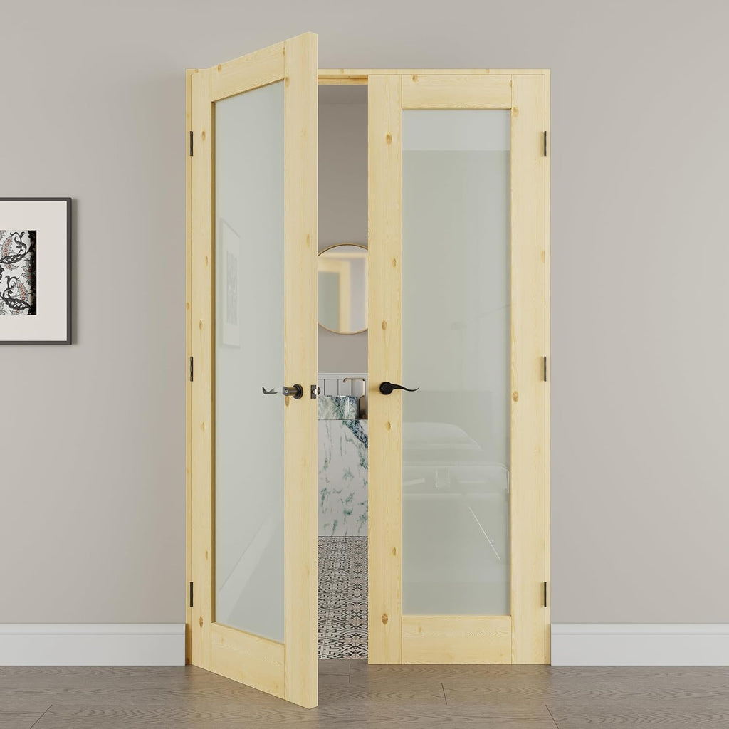 36' x 80' French Doors Interior (Double 18' x 80' Frosted Glass Pine Wood Door with Black Hinge Prehung Jamb Kit), Unifinished Natural Wood, Prebuilt Home Door Panels & Assembly Required Jamb