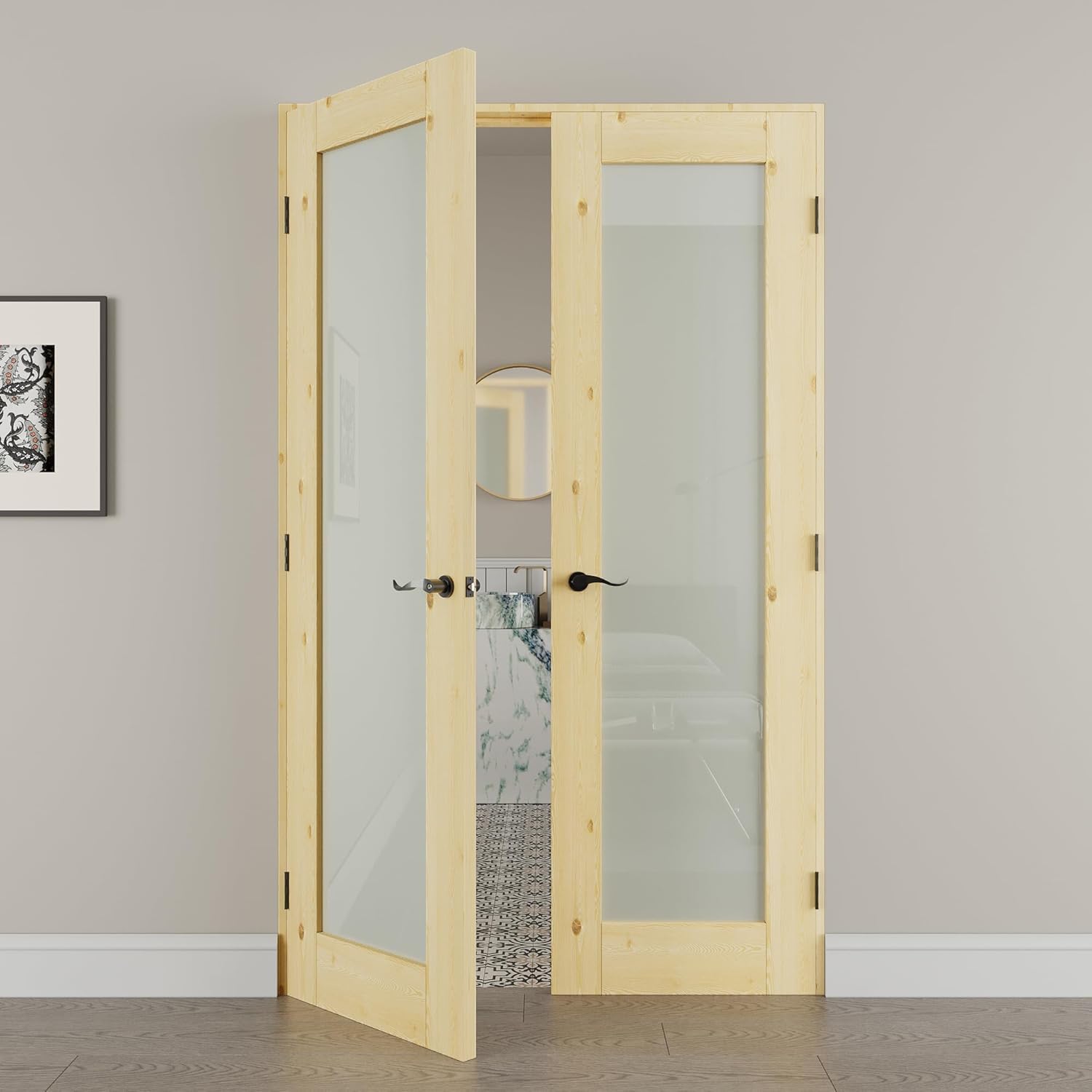 36' x 80' French Doors Interior (Double 18' x 80' Frosted Glass Pine Wood Door with Black Hinge Prehung Jamb Kit), Unifinished Natural Wood, Prebuilt Home Door Panels & Assembly Required Jamb