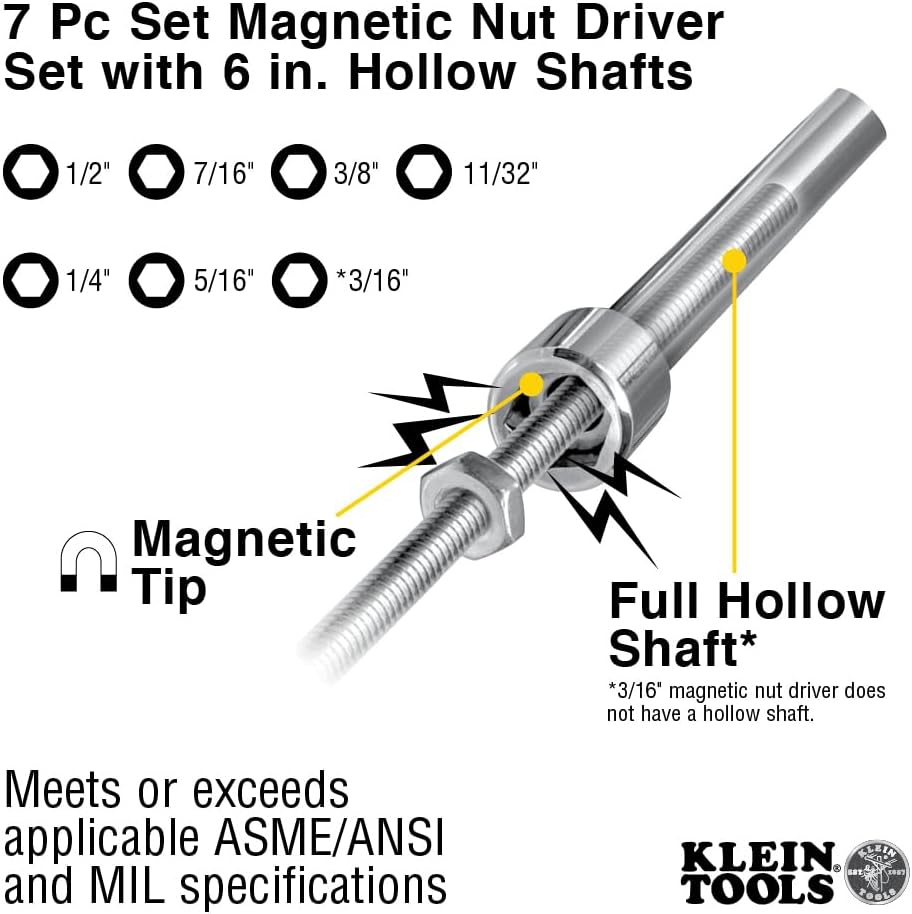 Klein Tools 647M Tool Set, Magnetic Nut Drivers Sizes 3/16, 1/4, 5/16, 11/32, 3/8, 7/16, 1/2-Inch & 631M Tool Set, Magnetic Nut Driver Set with Stubby Nut Driver Sizes 1/4 and 5/16-Inch
