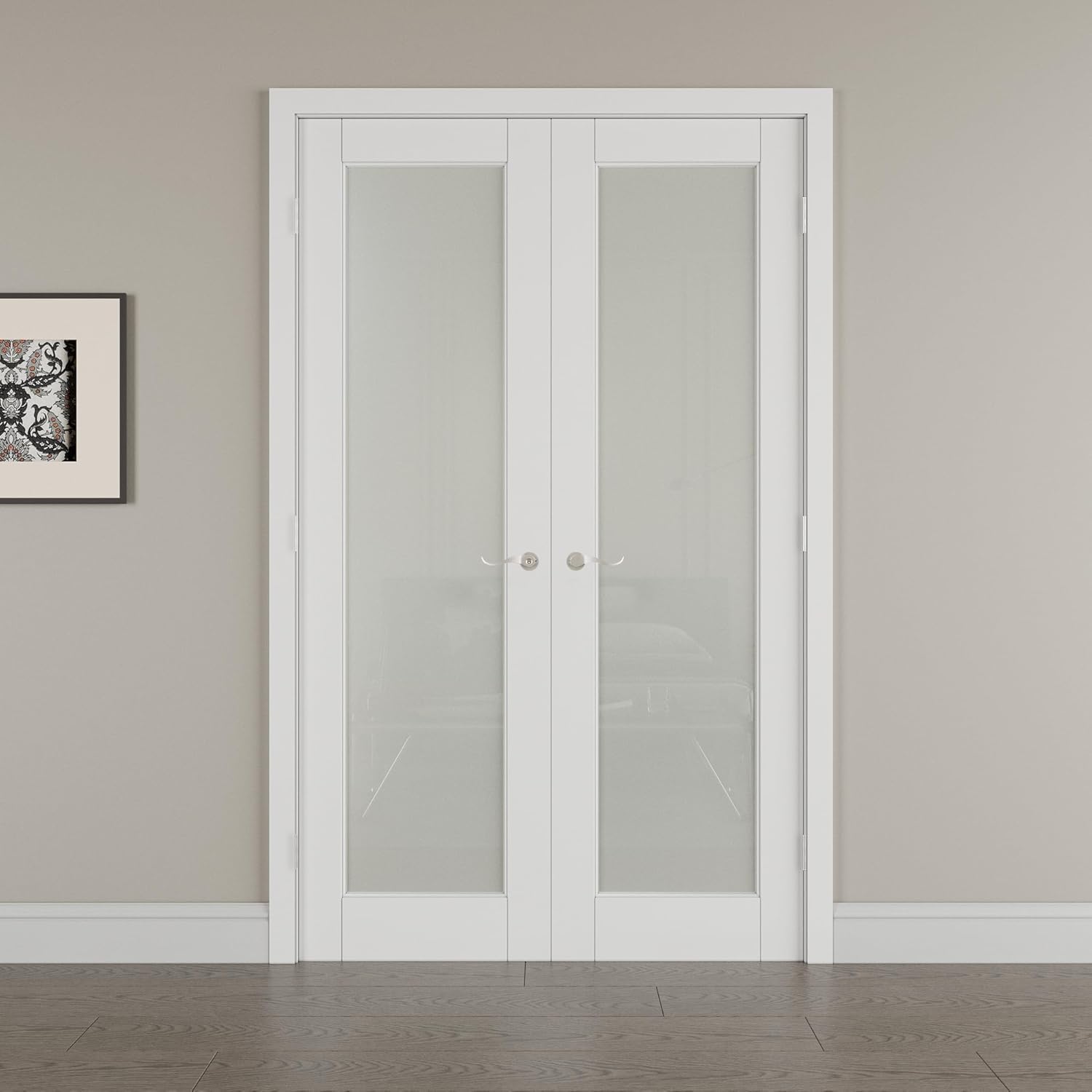 36' x 80' French Doors Interior (Double 18' x 80' Glass Frosted Glass Door with Silver Hinge Prehung Jamb Kit), Pre-Finished & Paintable, Prebuilt Home Door Panels & Assembly Required Jamb