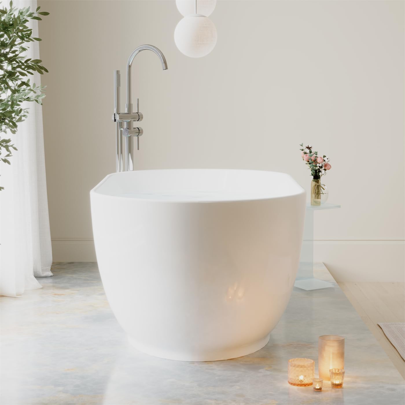 WELLFOR 59 Inch Acylic Freestanding Bathtub, 68 Gallons Capacity Soacking Bathtub with Chrome Bathtub Drain and Groove Overflow, Freestanding Soaking Tub for 1 Person, Glossy White