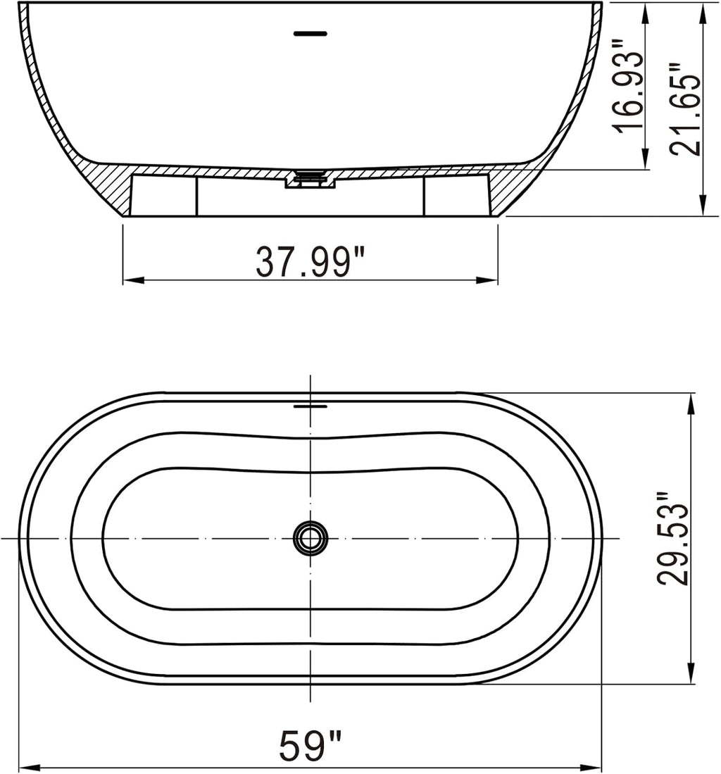 59-Inch Small Freestanding Bathtub – Solid Surface Stone Resin Oval Soaking Tub for Modern Bathroom