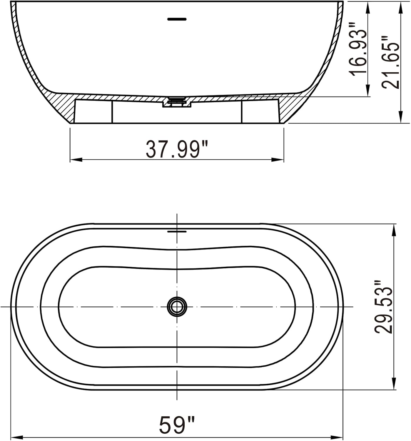 59-Inch Small Freestanding Bathtub – Solid Surface Stone Resin Oval Soaking Tub for Modern Bathroom