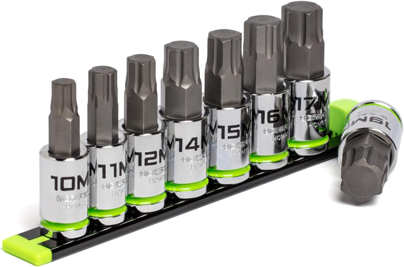 GRIPEDGE HEX Bit Socket Set | 8-PC - 1/2'' Drive Metric RPT Hex Driver Set | Sizes 10, 11, 12, 14, 15, 16, 17, 19 MM | Made With S2 Steel | Includes Premium Aluminum Storage Rail |