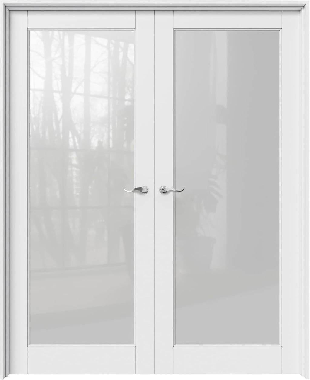 64' x 80' French Doors Interior (Double 32' x 80' Glass Frosted Glass Door with Silver Hinge Prehung Jamb Kit), Pre-Finished & Paintable, Prebuilt Home Door Panels & Assembly Required Jamb