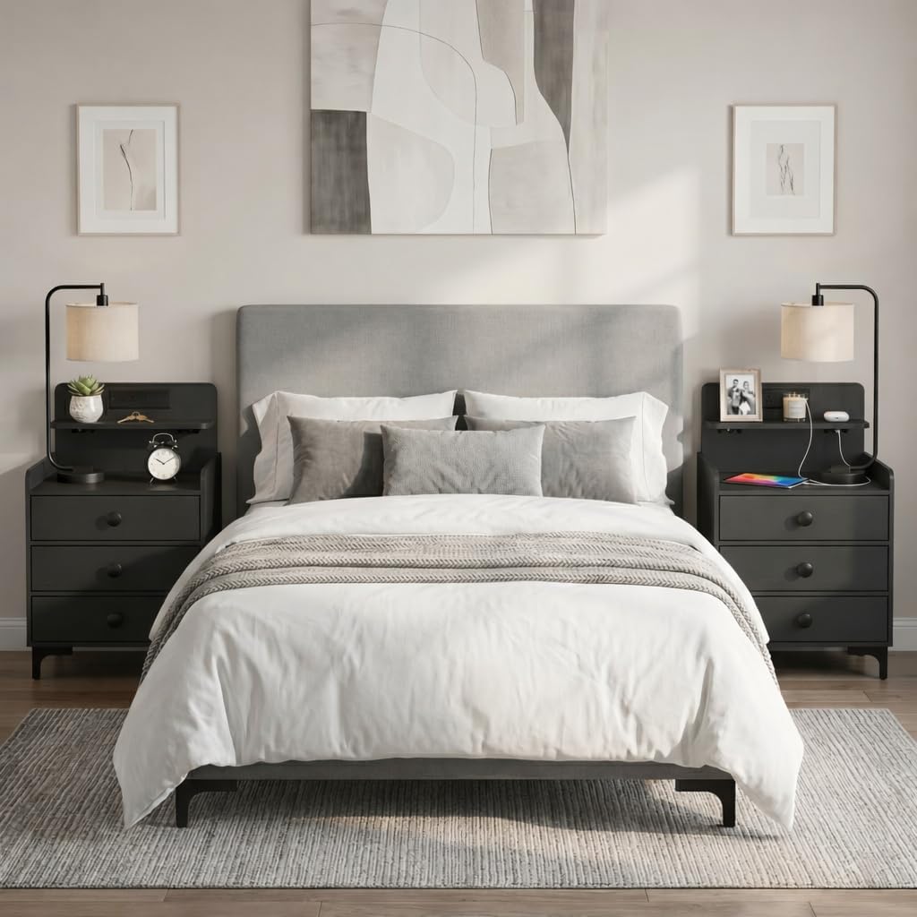 Rreyet 29' Nightstand Set of 2, 3 Drawers, Black | Charging Station, Button Handle, Smooth Sliding, Enhanced Storage, For Bedroom, Sofa Side