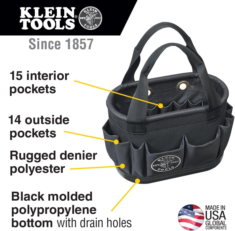 Klein Tools 631 Tool Set, Nut Driver Set w/Hex Nut Sizes 3/16, 1/4, 5/16, 11/32, 3/8, 7/16 & 5144BHB14OS Hard-Body Bucket, Aerial Oval Tool Bucket with Drain Holes, 29 Pockets