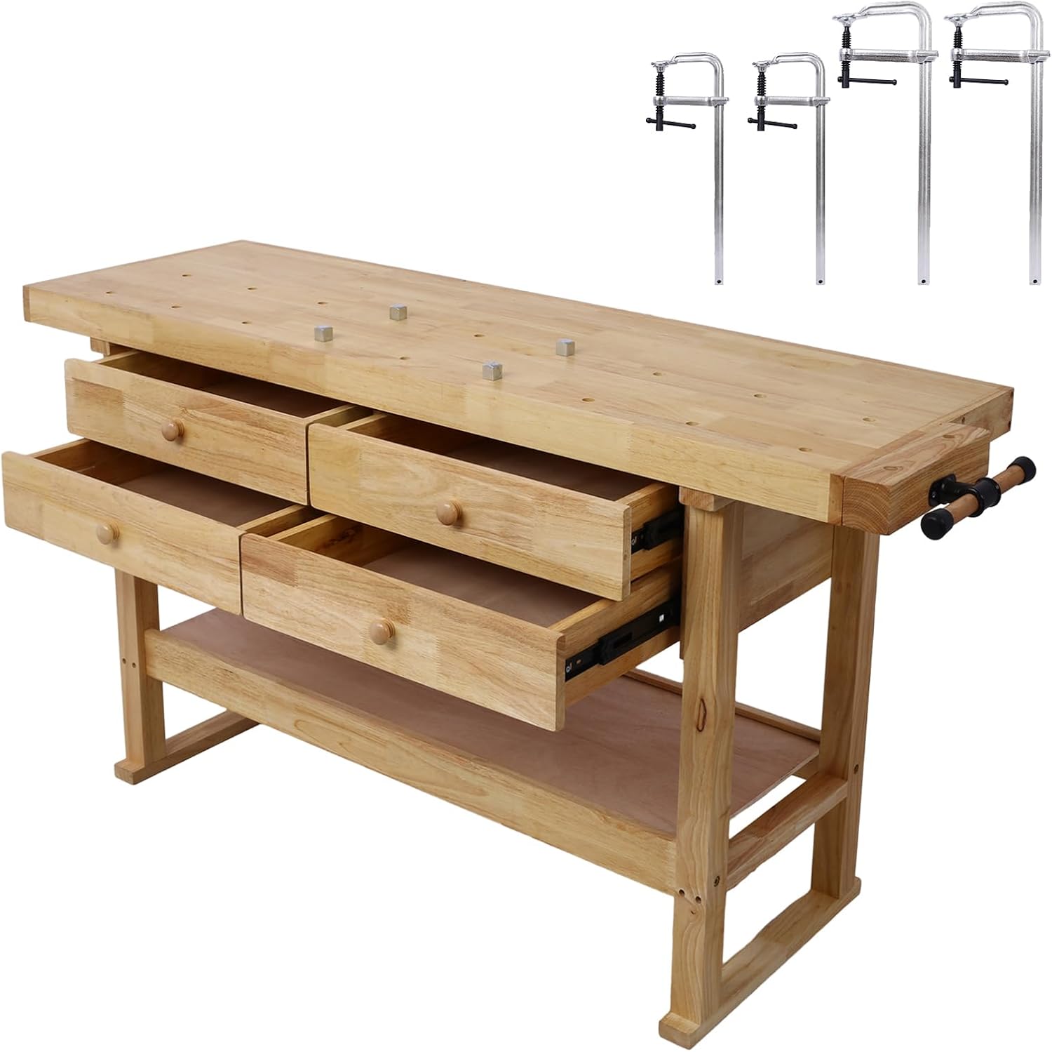 60in Workbench with 4 Drawers Wooden Workbench for Garage Workshop and Home, with Bar Clamps (4, 2 pcs 12' x 3' & 2 pcs 16' x 4.8')