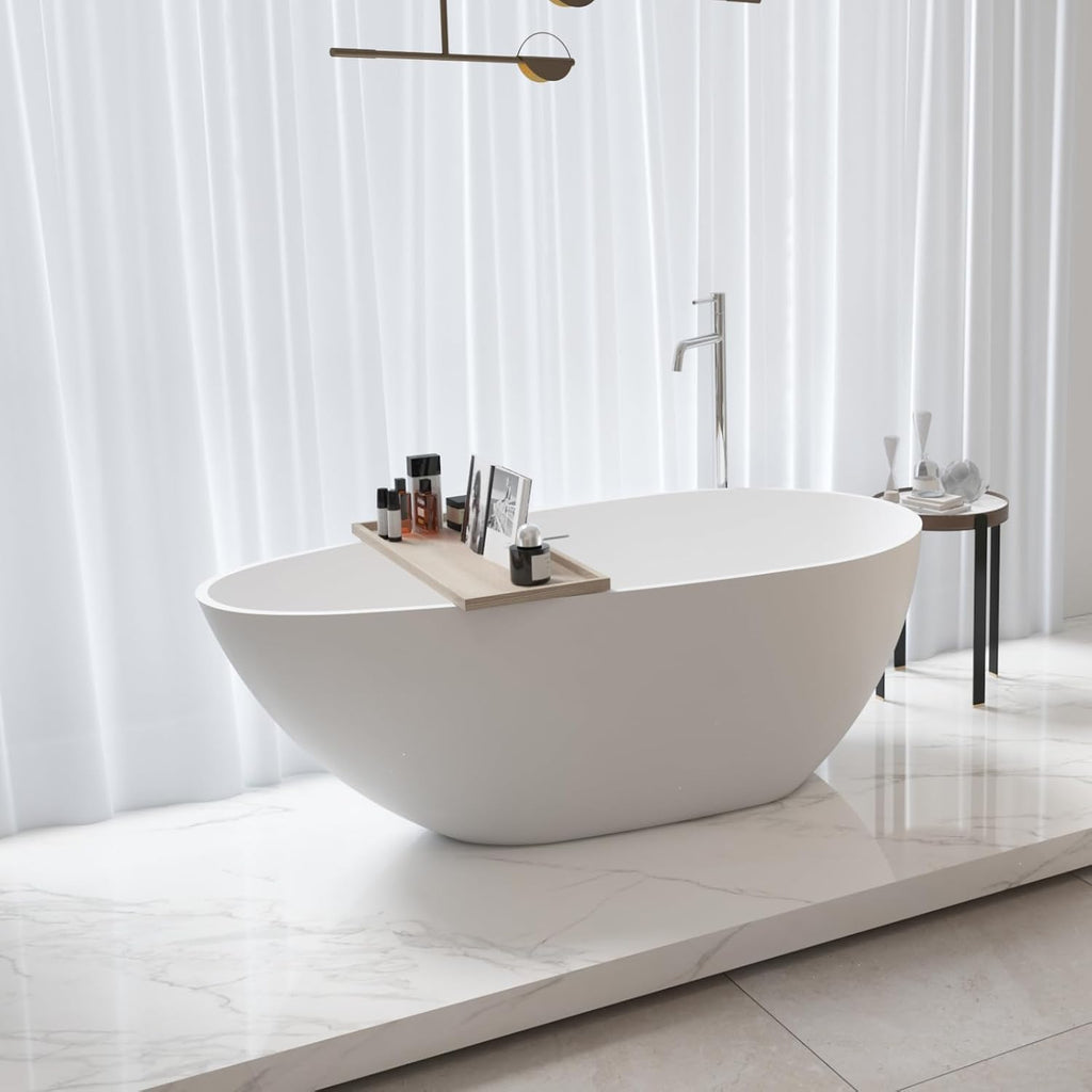 67' Stone Resin Freestanding Bathtub, Egg Shaped Bathroom Freestanding Tubs, Stand Alone Soaking Tubs with Integrated Slotted Overflow and Drain, Matte White