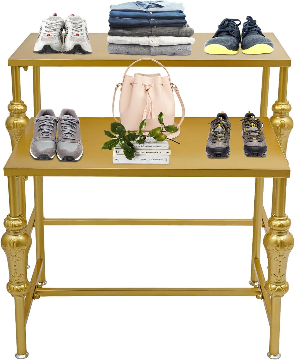 Industrial Retail Display Tables, Set of 2 Standing Clothing Shoes Display Rack, Heavy Duty Boutique Display Riser Storage Shelves, Garment Handbag Display Stand for Retail Clothing Store (Gold)