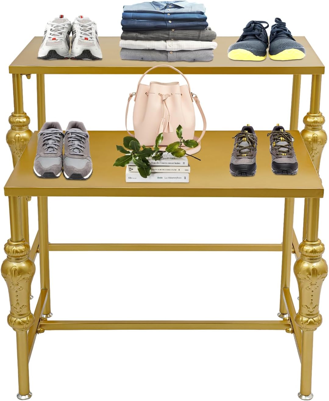 Industrial Retail Display Tables, Set of 2 Standing Clothing Shoes Display Rack, Heavy Duty Boutique Display Riser Storage Shelves, Garment Handbag Display Stand for Retail Clothing Store (Gold)