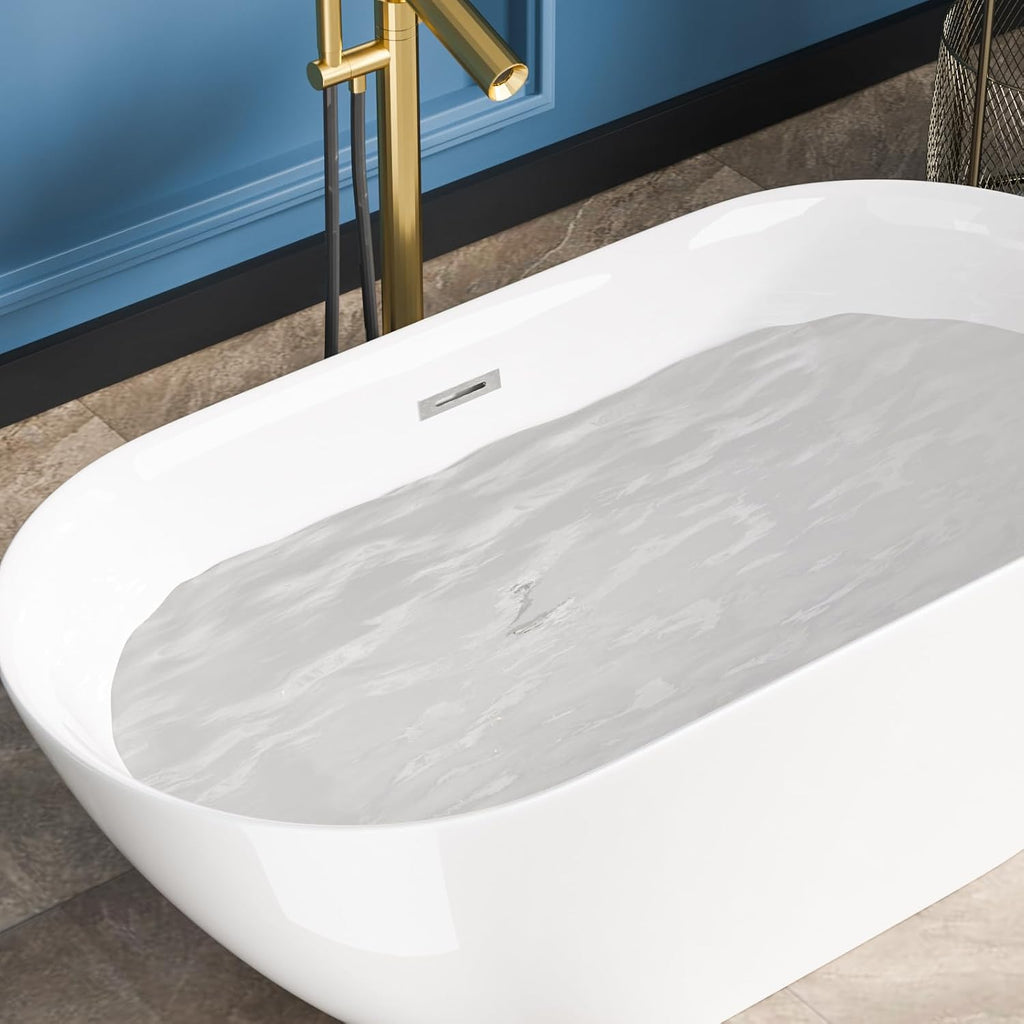 Sarlai 59 Inch Acrylic Freestanding Soaking Bathtub Contemporary Soaking White Tub Stand Alone Ergonomic Bathtub with Chrome Drain and Overflow
