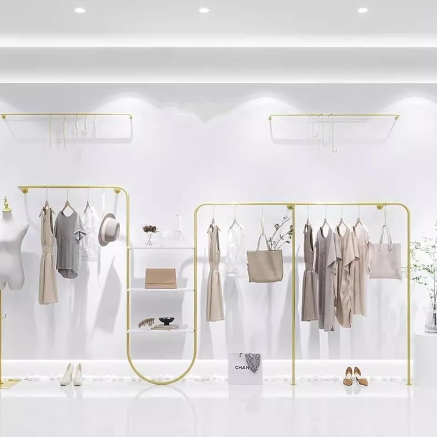 Wall Mounted Clothes Rack with Shelves, Heavy Duty Rods Retail Store Clothing Garment Rack, Storage Clothes Shoe Bag Pipe Shelf, Clothing Store Display Stands Garmen,