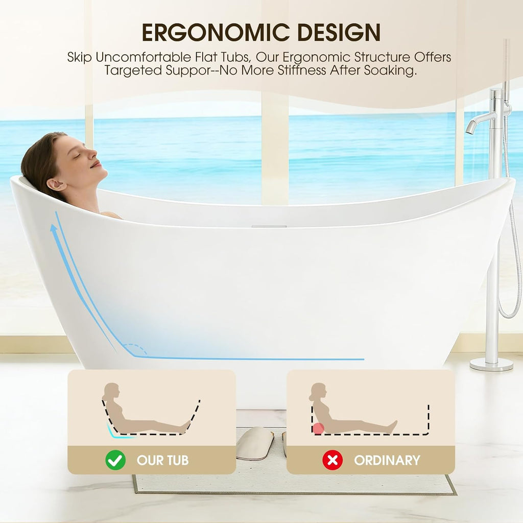 59' Acrylic Freestanding Bathtub,14' Deep Soaking Tub with Integrated Overflow & Drain,2 Person Soaking Tub,CUPC Certified, Chrome Drain Bath Tub,Modern Tub for Bathrooms,Double Backrest White