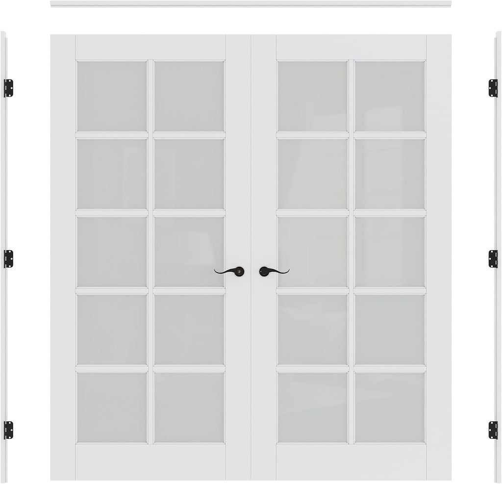 Prehung French Door 60' x 80' (2x30 in), Tempered Frosted Glass Door Slabs with Jamb, Black Hinges, 4 Levers & Latch, Solid Core Interior Door, Pre-Finished & Paintable, MDF Double Doors Interior