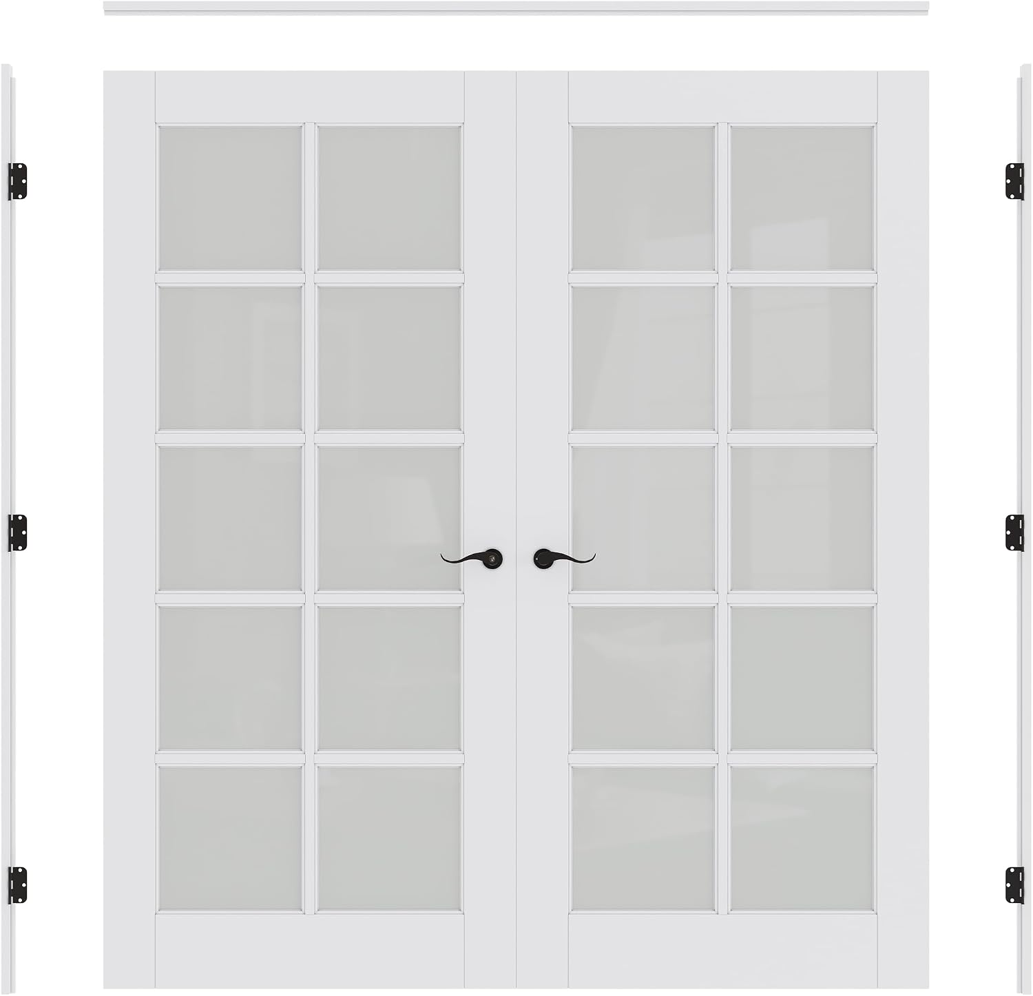 Prehung French Door 60' x 80' (2x30 in), Tempered Frosted Glass Door Slabs with Jamb, Black Hinges, 4 Levers & Latch, Solid Core Interior Door, Pre-Finished & Paintable, MDF Double Doors Interior