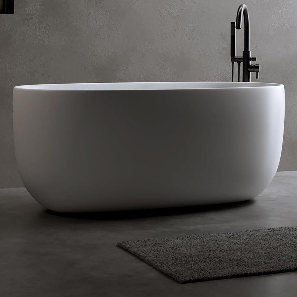 Deep Soaking Bath Tub 47' Freestanding Solid Surface Resin Stone Bathtub Modern Stand Alone Tub with Pop-Up Drainage and Overflow Pipes for Small Space, Matte White
