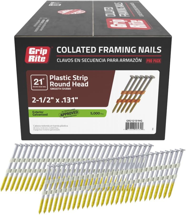 Grip-Rite 21 Degree Framing Nails - Exterior Galvanized Nails for Wood-To-Wood Framing Projects - Plastic Strip Collated Fastener - Round Head - Smooth Shank - 2-1/2' x .131' - 5000 Count - GR212131HG