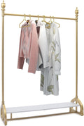 Clothes Rack on wheels, Gold Clothing Rack with Bottom Wood Storage Shelf, Heavy Duty Metal Frame Pipe Industrial Rolling Garment Rack for Hanging Clothes, Coats, 47' L x 16' W x 67' H