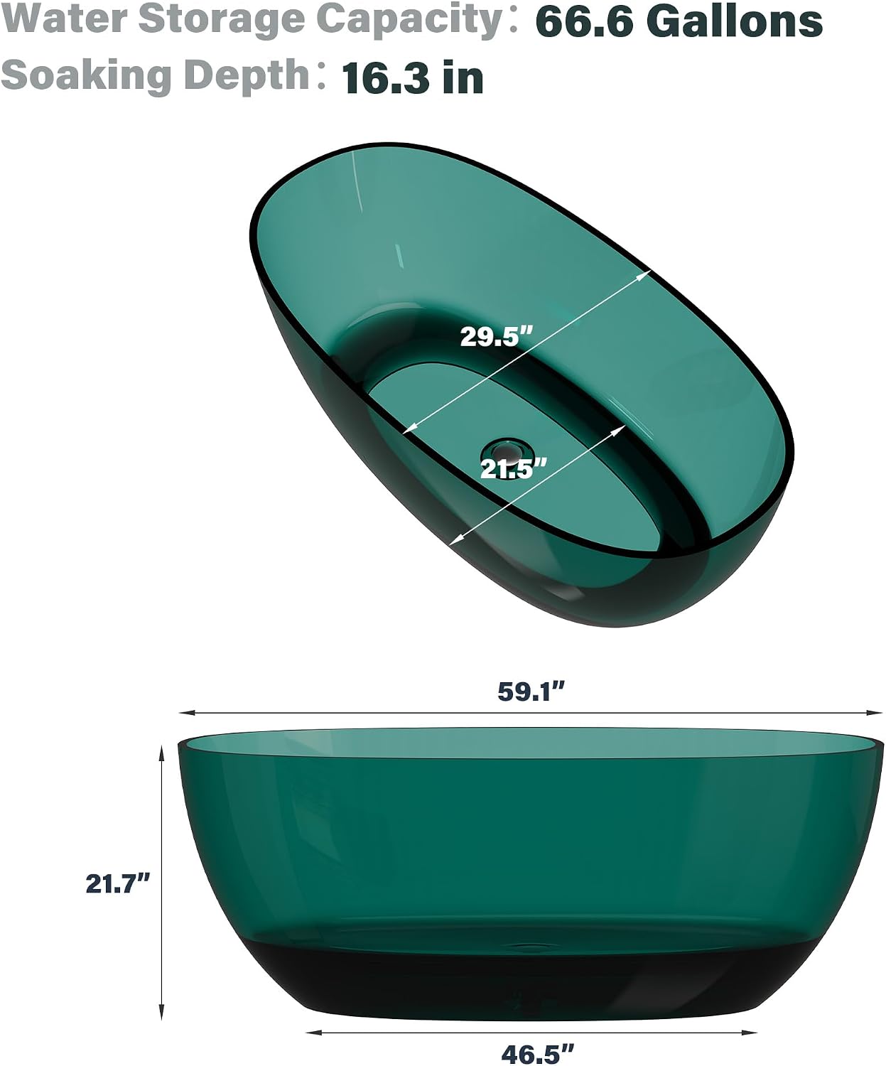 CASAINC 59' Soaking Tub Transparent Resin Freestanding Bathtub Modern Oval Design Stand Alone Tub with Pop-up Drain, 66.56 Gallons Water Storage Capacity 415 MM Soaking Depth, Transparent Sea Blue