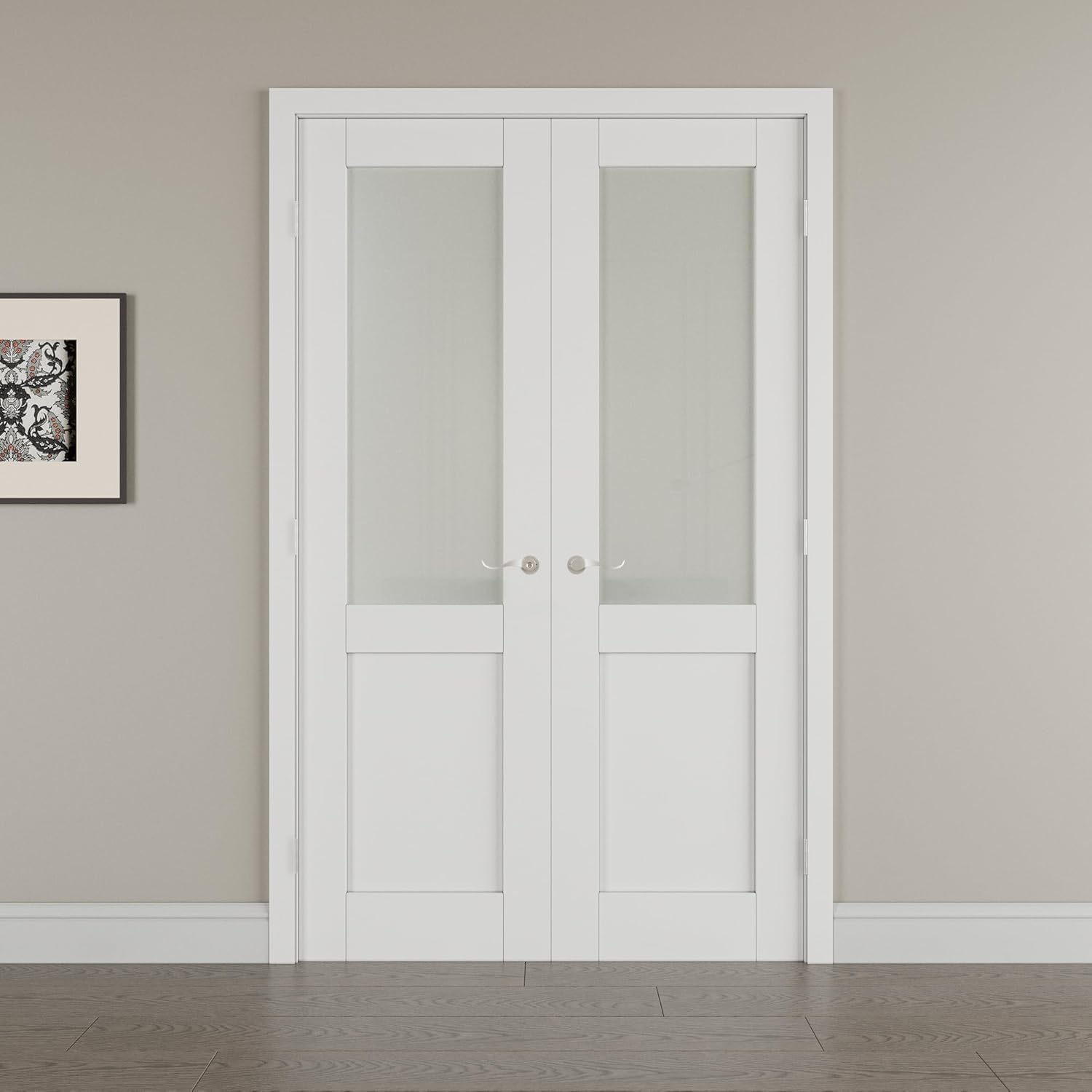 36' x 80' French Doors Interior (Double 18' x 80' Half Frosted Glass Door with Silver Hinge Prehung Jamb Kit), Pre-Finished & Paintable, Prebuilt Home Door Slabs & Assembly Required Jamb
