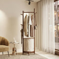 Solid Wood Coat Rack with Fabric Basket - Coat Hanger Stand Coat Tree Rack Freestanding with 9 Hooks Wheels, Small Clothes Rack For Entryway Bedroom Hallway Living Room