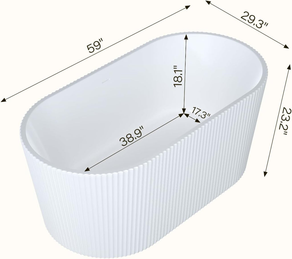59' Modern Freestanding Bathtub,V Shape Freestanding Soaking Acrylic Bathtub,Unique Design Pleated Tub with Chrome Drain and Classic Slotted Overflow,Cupc Certified,Gloss White