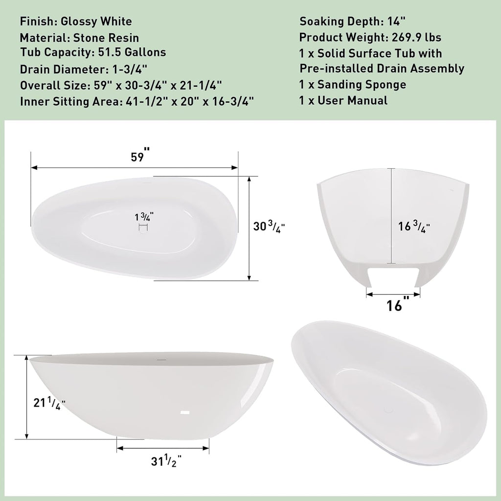59' Solid Surface Bathtub Modern Glossy White Stone Resin Stand Alone Soaking Tub Luxury Handcrafted Oval Bath Tub with Overflow and Pop-Up Drain for Bathing
