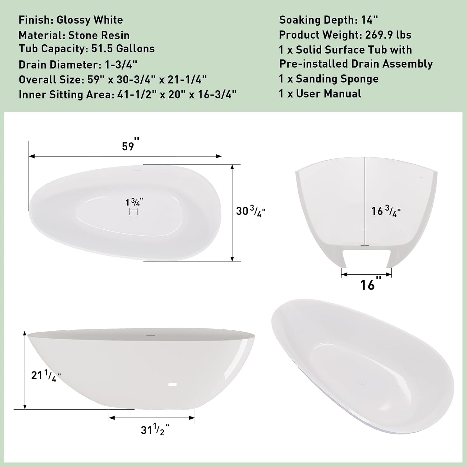 59' Solid Surface Bathtub Modern Glossy White Stone Resin Stand Alone Soaking Tub Luxury Handcrafted Oval Bath Tub with Overflow and Pop-Up Drain for Bathing