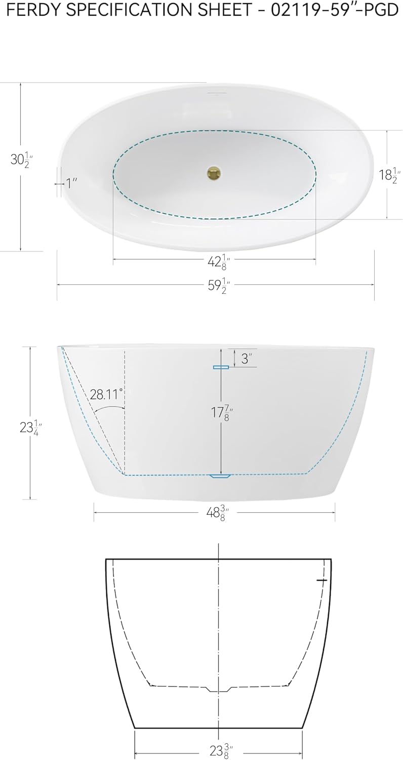 FerdY 59' Acrylic Freestanding Bathtub, Contemporary Soaking tub with Polished Gold Drain & Overflow, cUPC Certified, Elegant Oval Shape, Tahiti