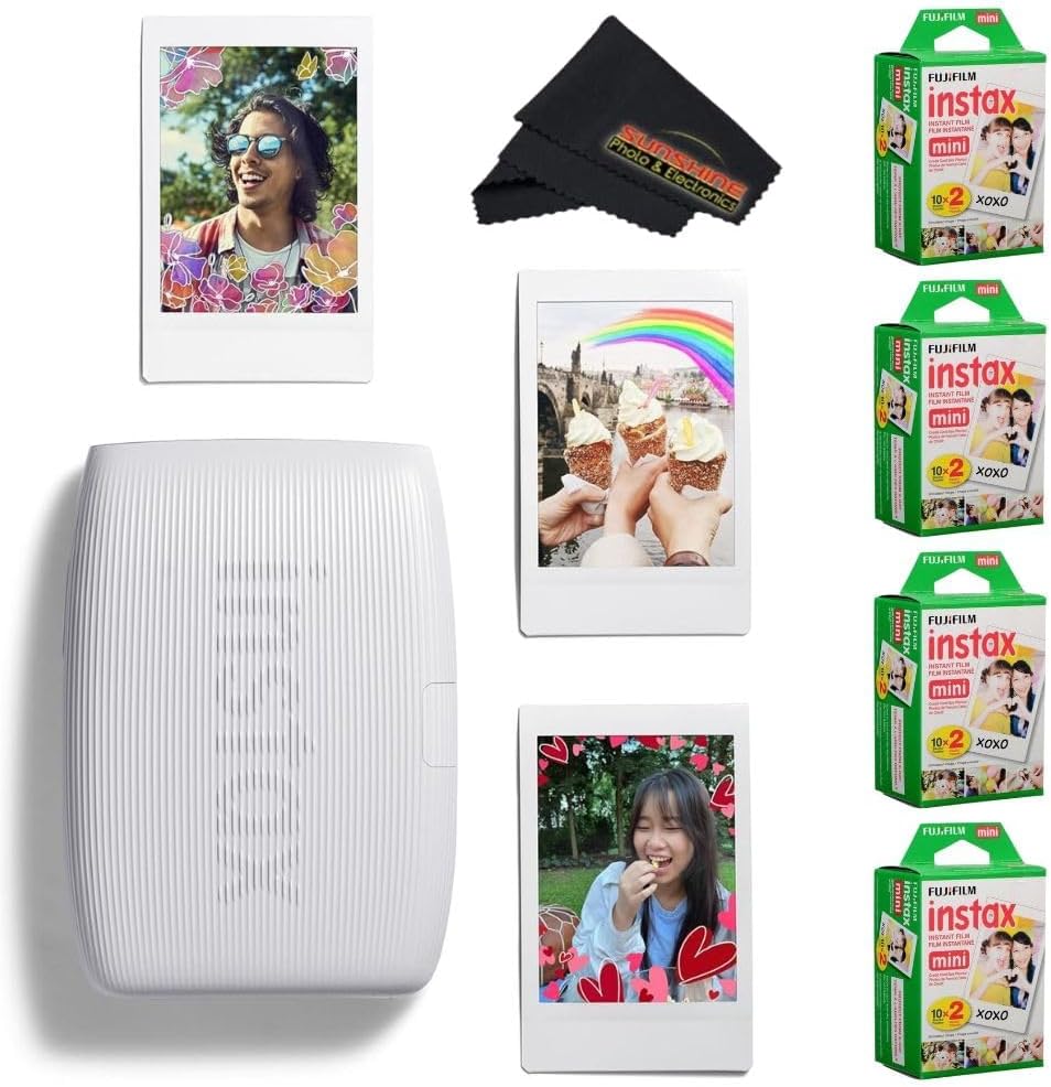 Fujifilm INSTAX Mini Link 3 Smartphone Printer with INSTAX Mini Instant Film and Sunshine Microfiber Cleaning Cloth... (4 Twin Pack (80 Sheets), Clay White)