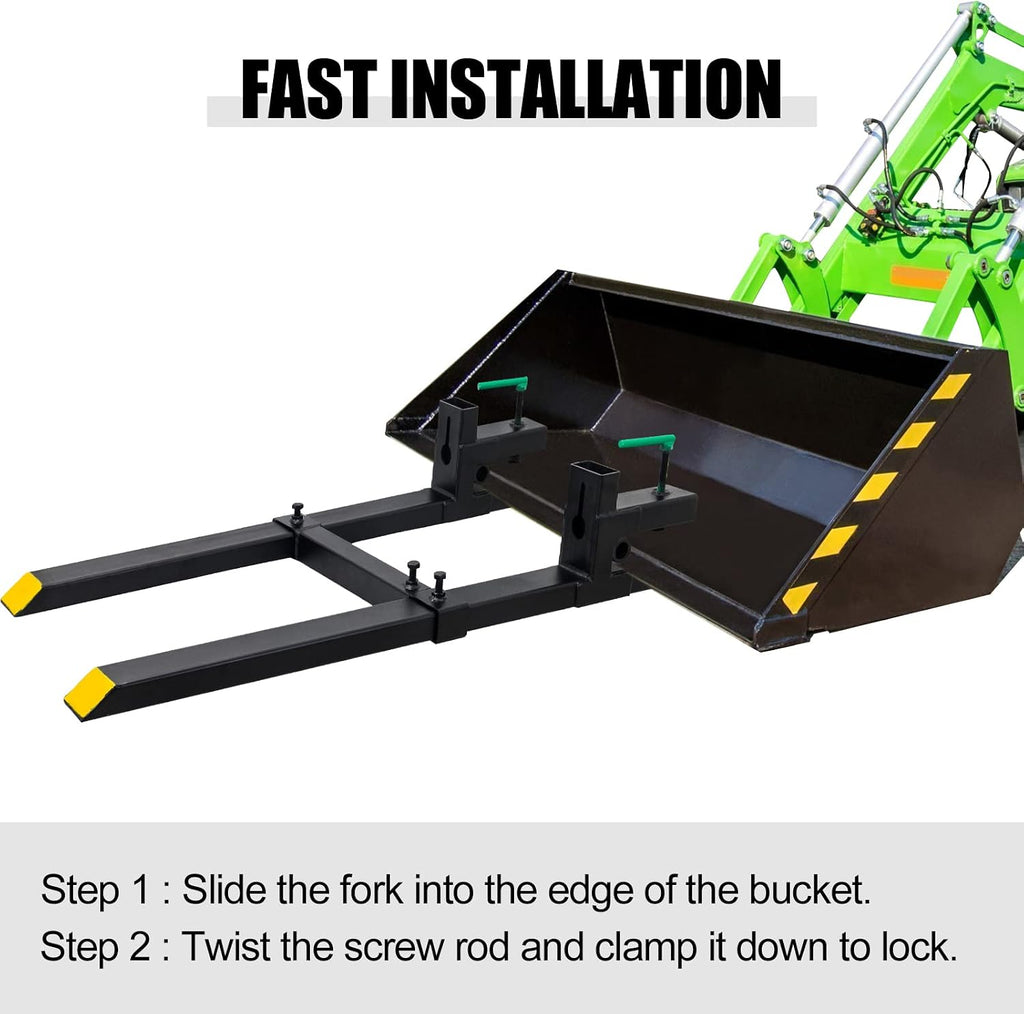 Clamp on Pallet Forks with Adjustable Stabilizer Bar 60' 1500lbs Max, Heavy Duty Pallet Forks Clamp On for Tractor Bucket