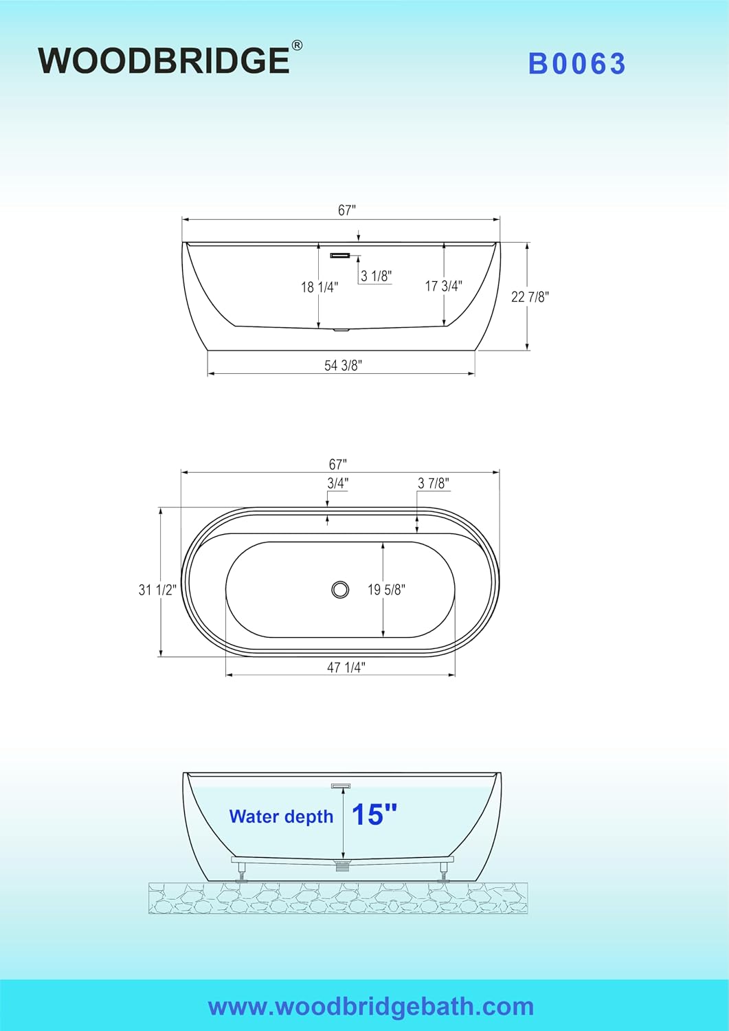 WOODBRIDGE 67' Acrylic Freestanding Bathtub Contemporary Soaking White Tub with Brushed Nickel Overflow and Drain,B0063-B/N