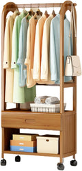 Heavy Duty Bamboo Rolling Clothes Rack with Drawer & Wheels, Freestanding Garment Hanging Rack for Entryway, Living Room & Bedroom - 50cm